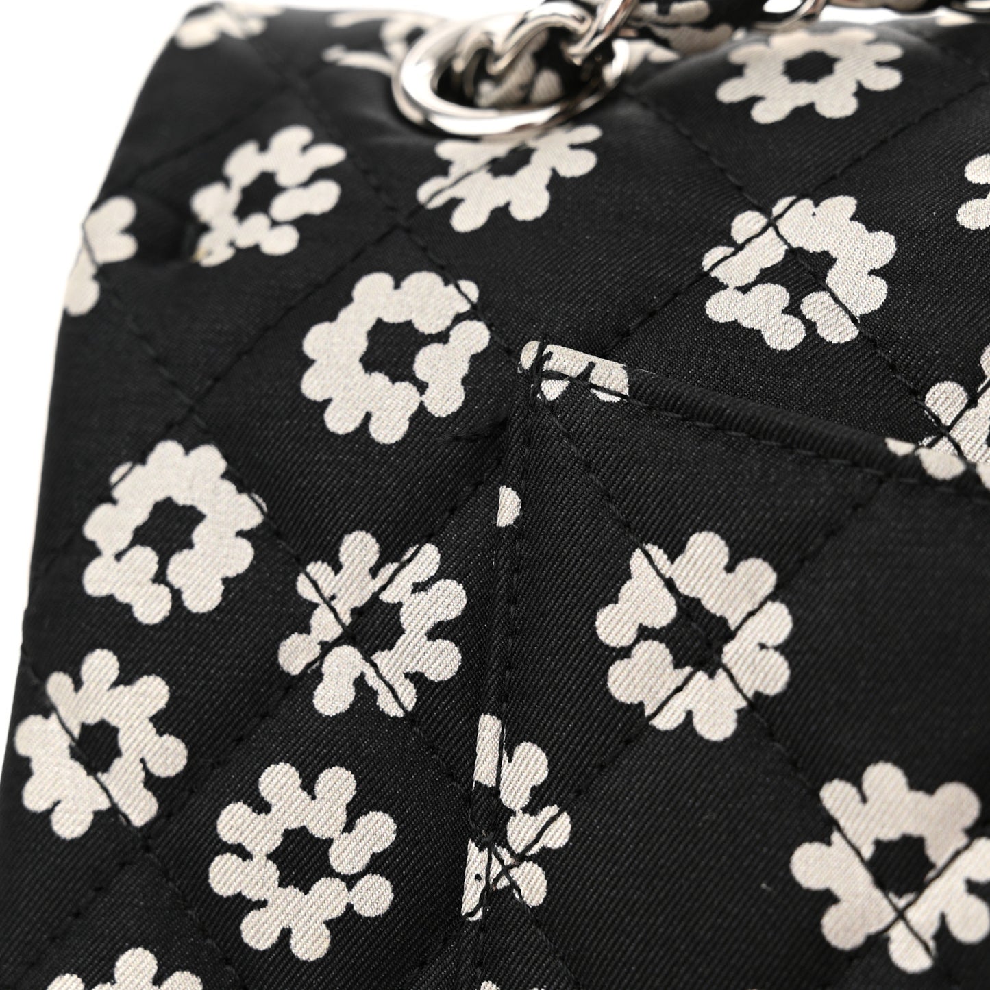 Canvas Floral Printed Quilted Medium Double Flap Black White