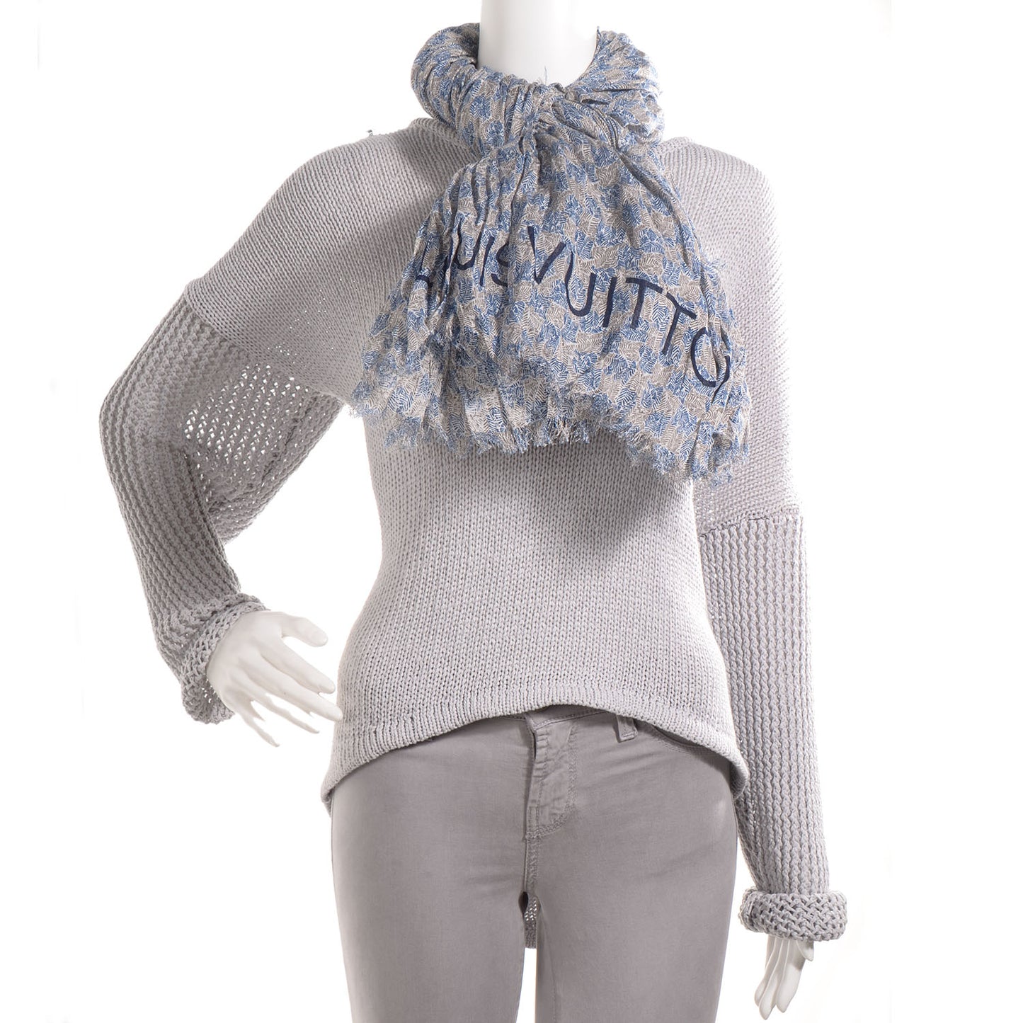 Cotton Linen Etole Damier Palm Stole Blue