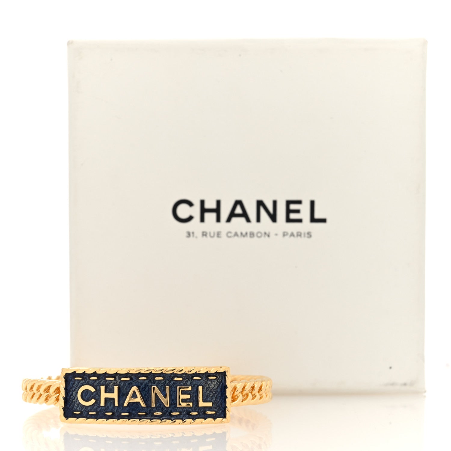 Chanel Metal Enamel Denim Logo Cuff Bracelet S Gold Blue 5 of 5