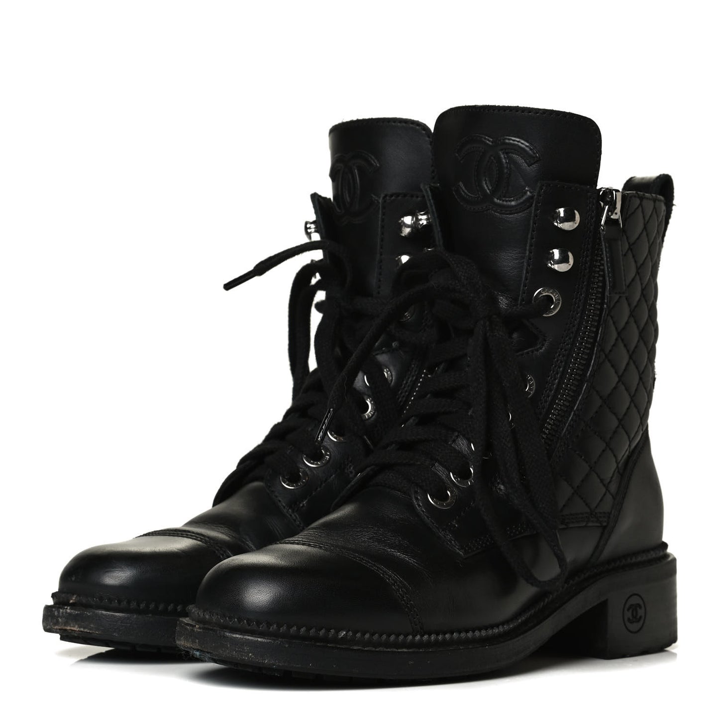 Calfskin Quilted Lace Up Combat Boots 36 Black
