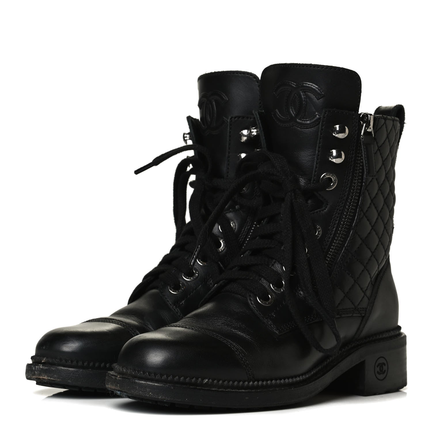 Chanel Calfskin Quilted Lace Up Combat Boots 36 Black 3 of 9