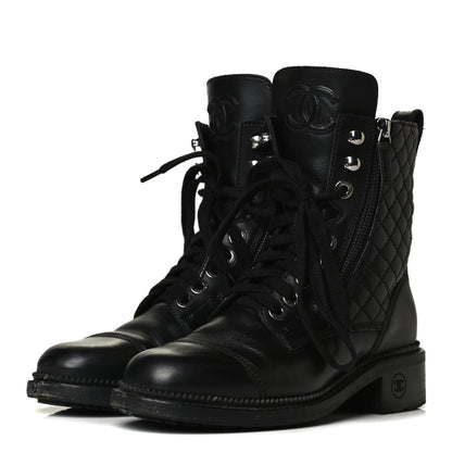 Chanel Calfskin Quilted Lace Up Combat Boots 36 Black 3 of 9
