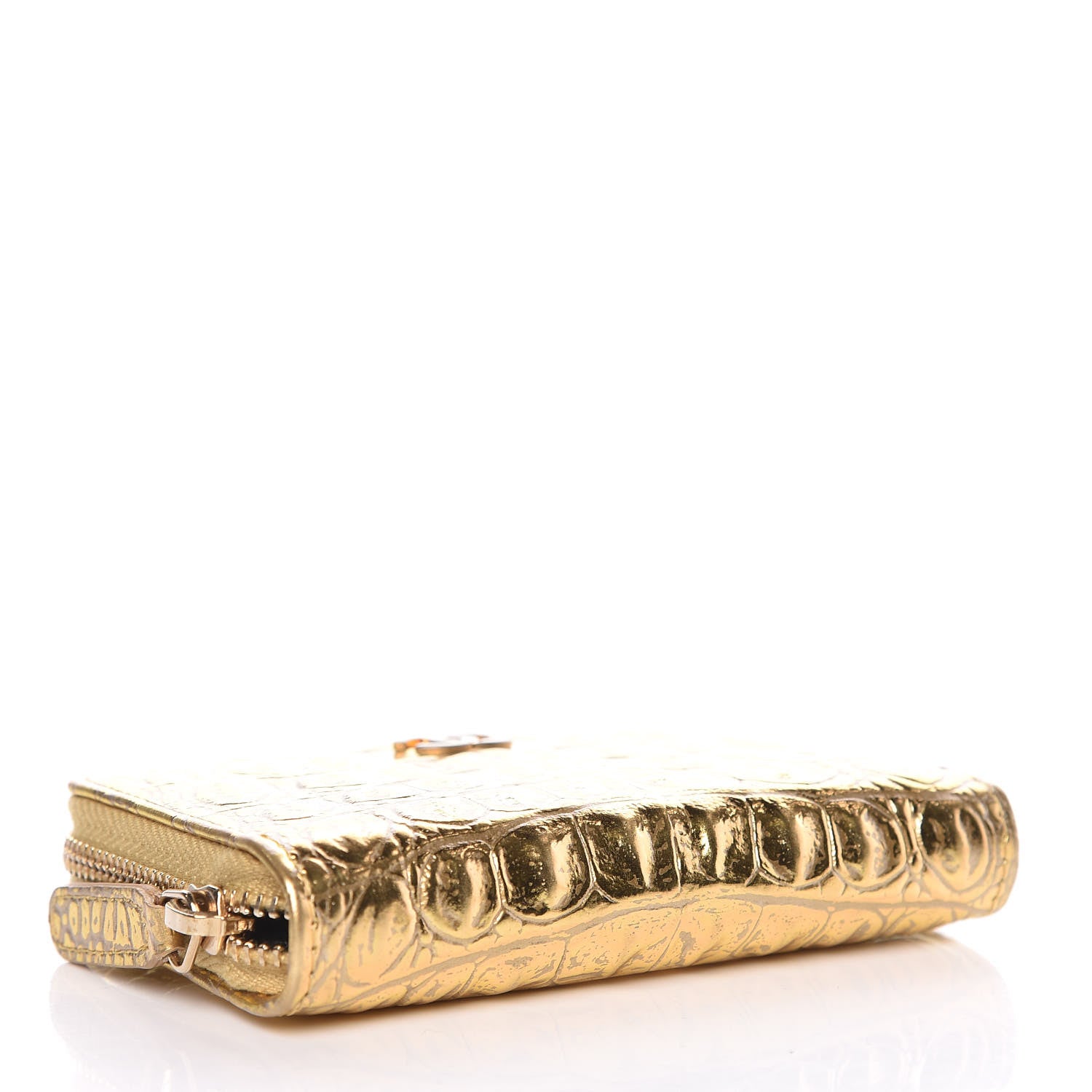 Chanel Metallic Calfskin Crocodile Embossed Cocodile Zip Coin Case Gold 4 of 8
