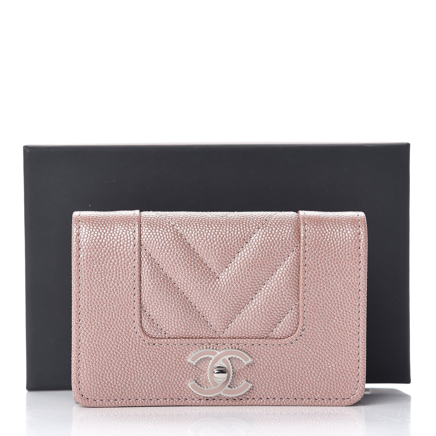 Metallic Caviar Chevron Quilted Vintage Mademoiselle Flap Card Holder Pink