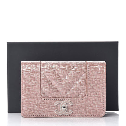 Chanel Metallic Caviar Chevron Quilted Vintage Mademoiselle Flap Card Holder Pink 9 of 9