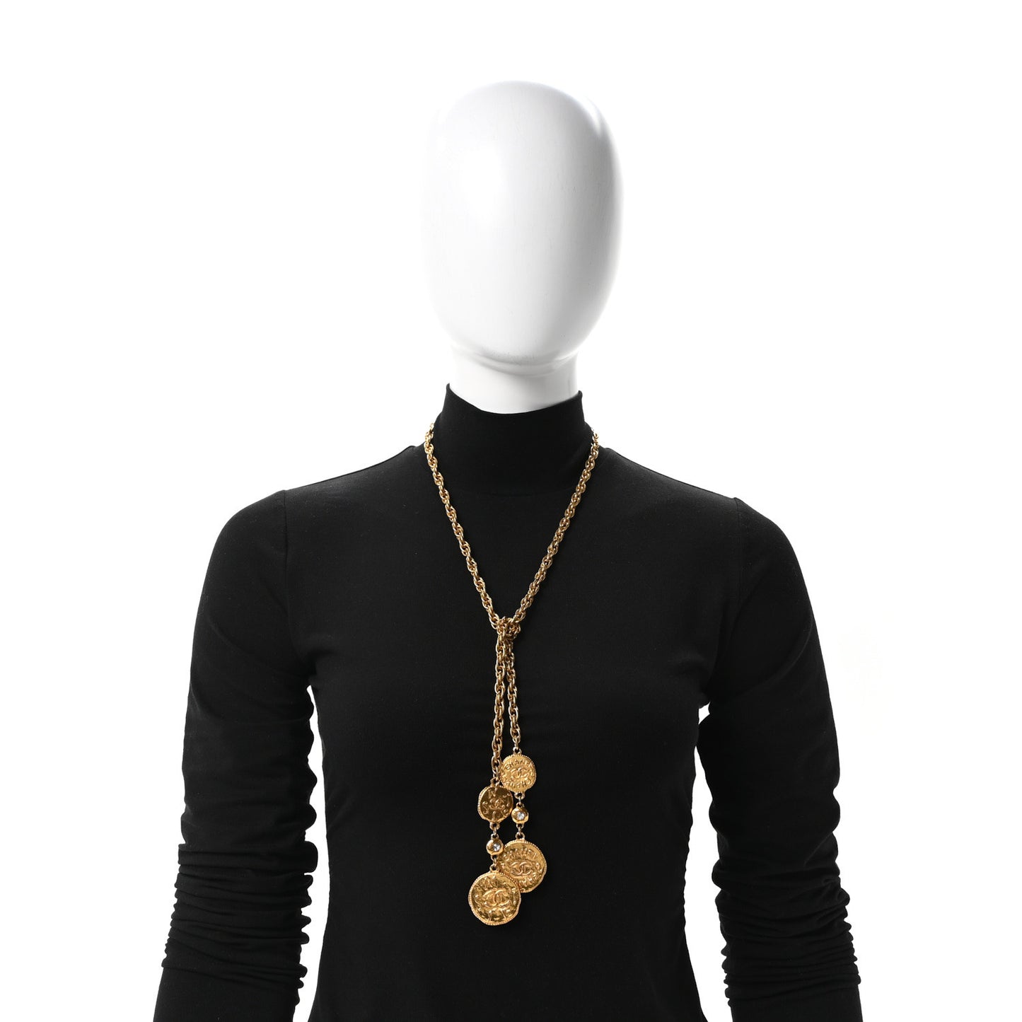Metal Crystal CC Medallion Lariat Necklace Gold