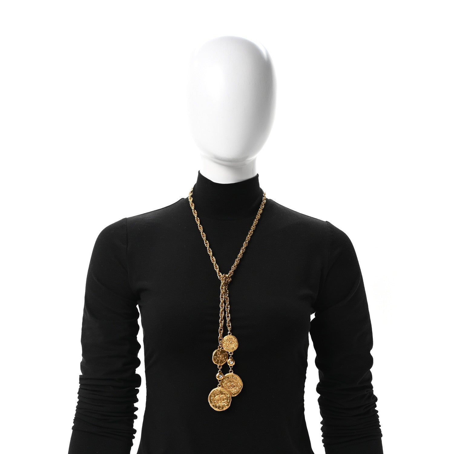 Chanel Metal Crystal CC Medallion Lariat Necklace Gold 2 of 4