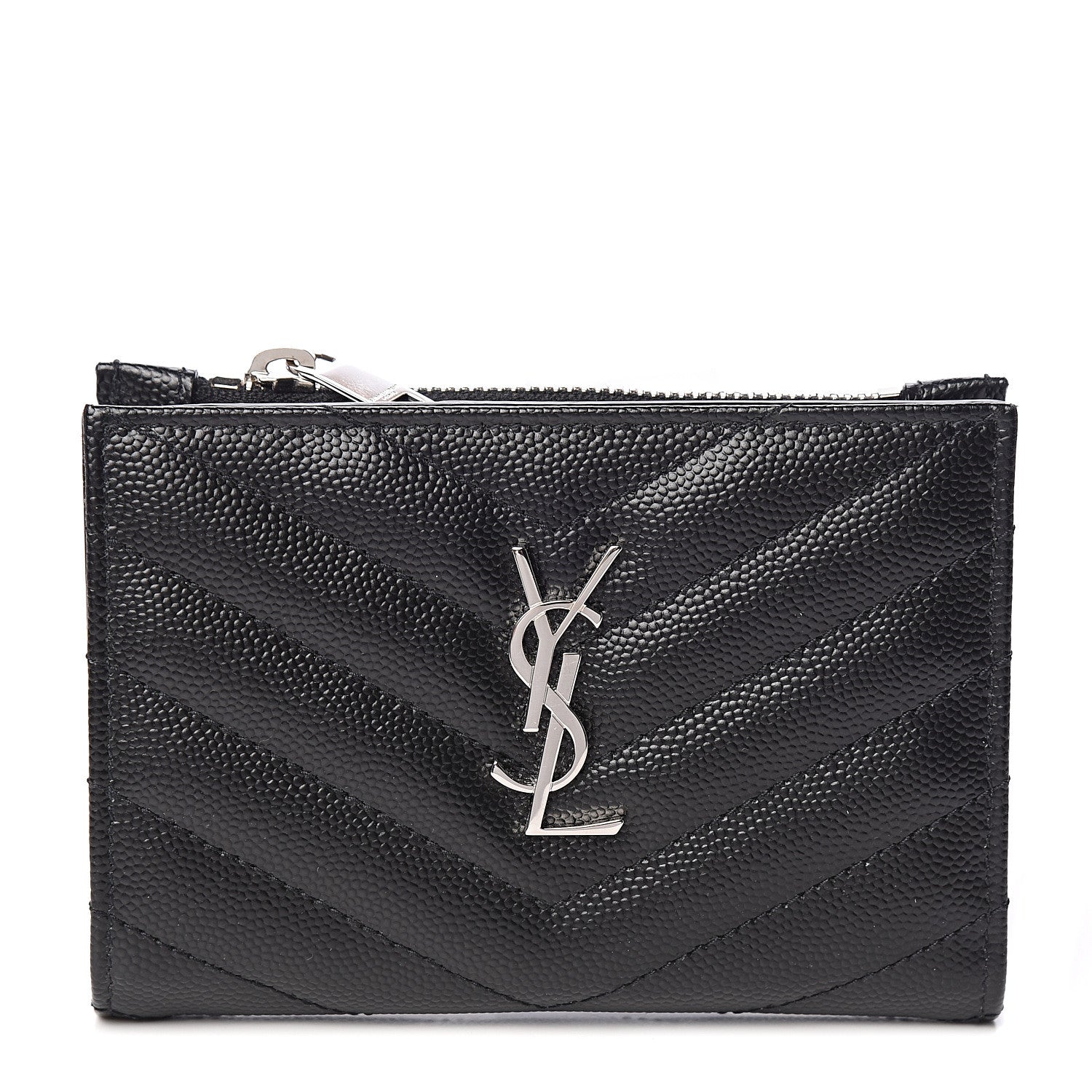 Saint Laurent Grain De Poudre Matelasse Chevron Monogram Zipped Two-Part Wallet Black 1 of 7