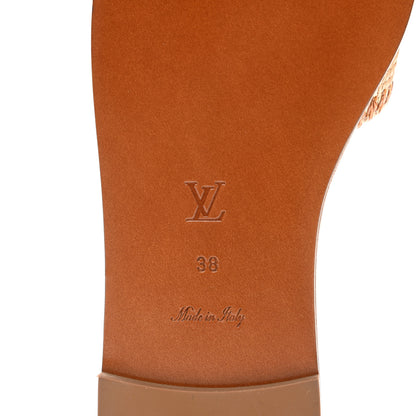 Louis Vuitton Raffia Calfskin Monogram Lock It Flat Mules 38 Cognac Brown 6 of 8