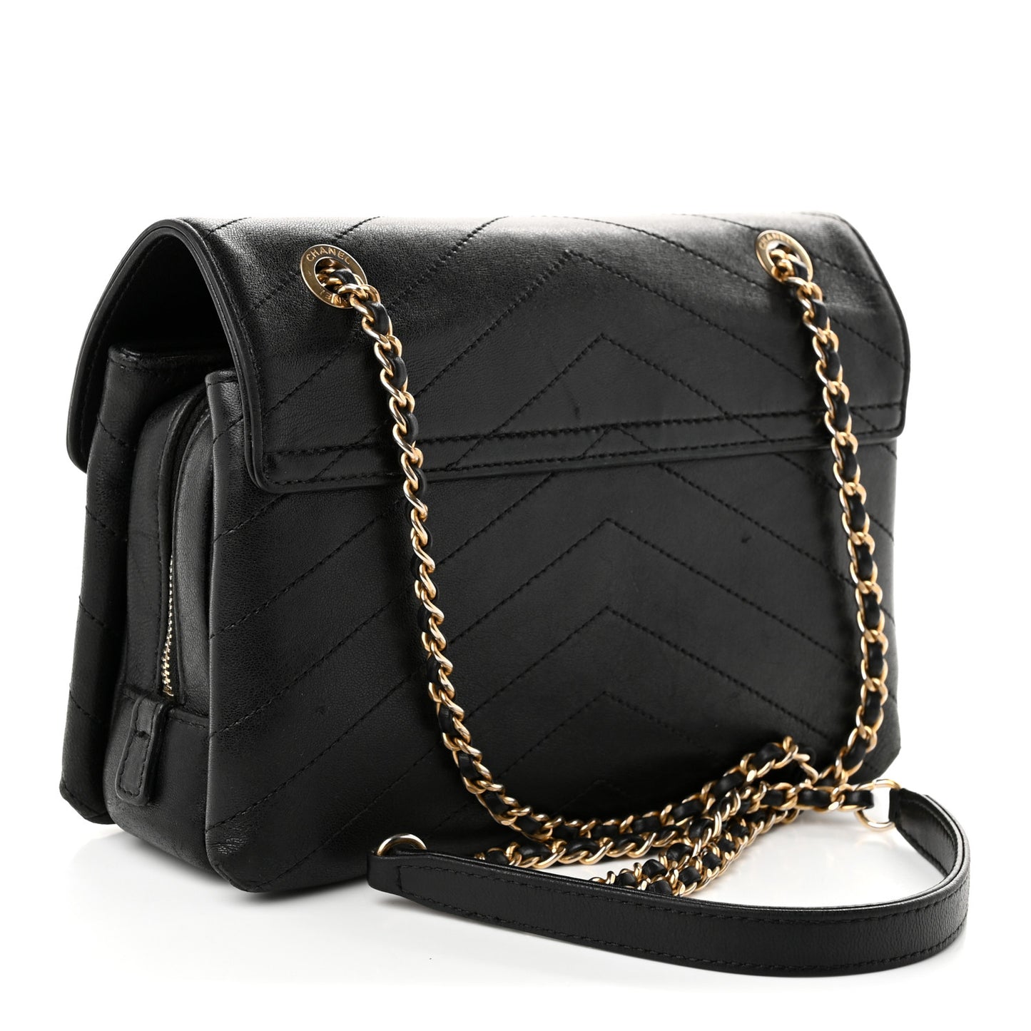 Calfskin Chevron Stitched Medium Coco Flap Bag Black