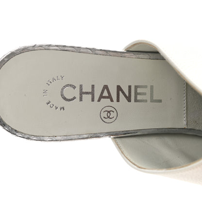 Chanel Grained Calfskin Snakeskin Cap Toe Mules 37.5 Ivory Silver 7 of 8