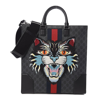 Gucci GG Supreme Monogram Web Angry Cat Embroidered Vertical Tote Black Grey 1 of 11