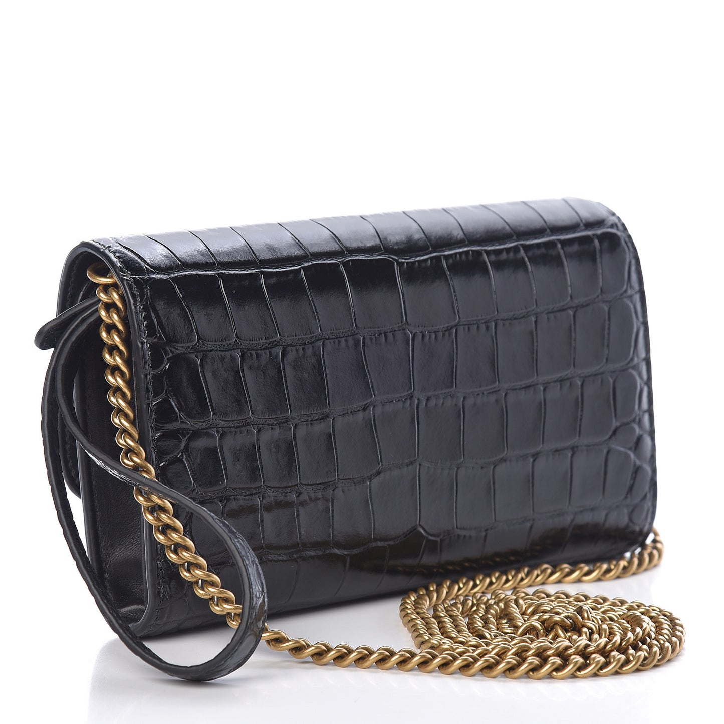 Shiny Calfskin Crocodile Embossed B Continental Chain Bag Black
