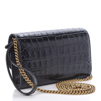 Balenciaga Shiny Calfskin Crocodile Embossed B Continental Chain Bag Black 4 of 11