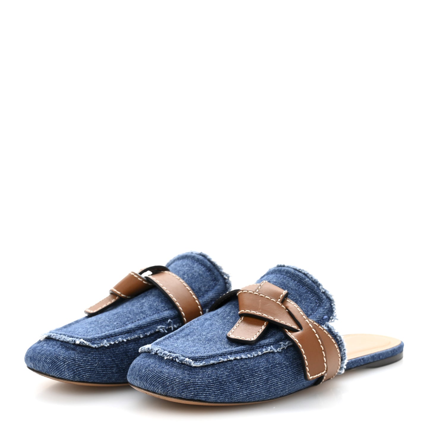 Washed Denim Calfskin Gate Mule Sandals 38 Blue Tan