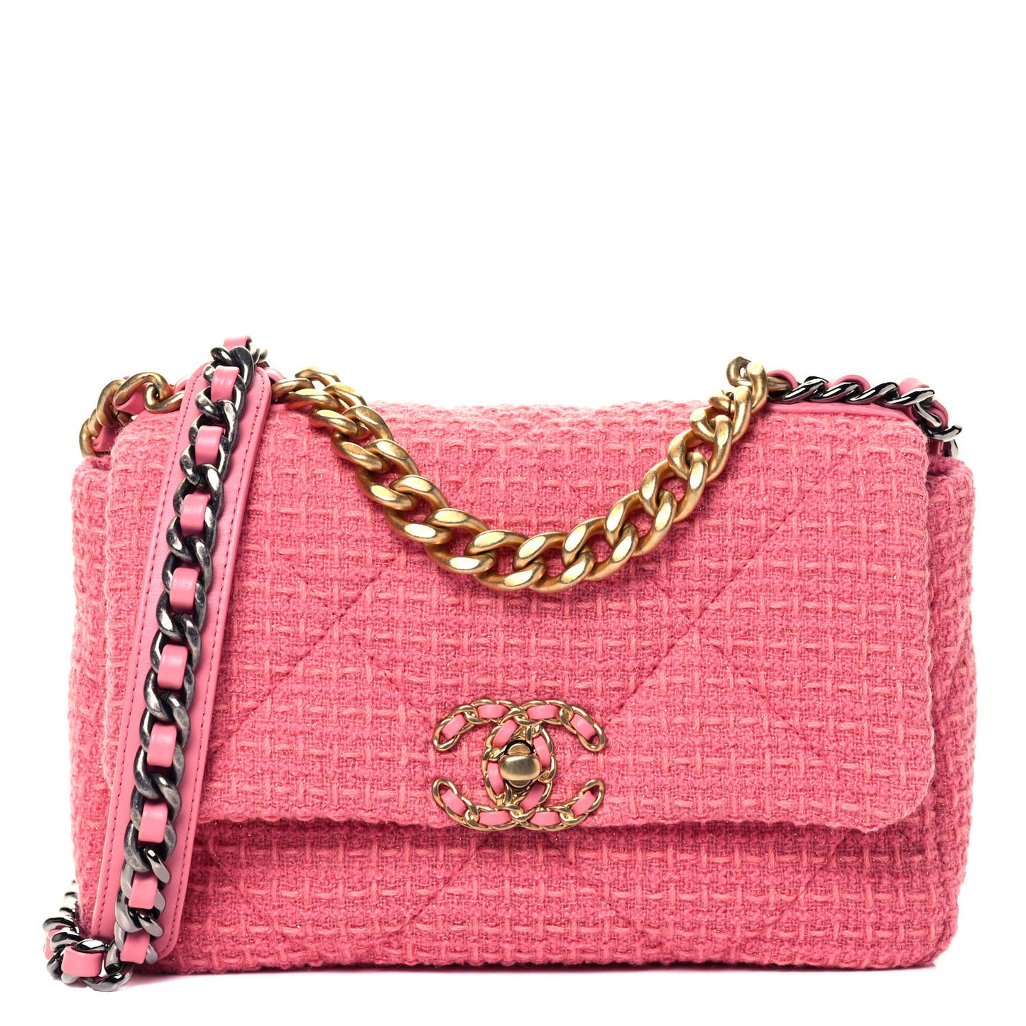 Metallic Tweed Quilted Medium Chanel 19 Flap Pink