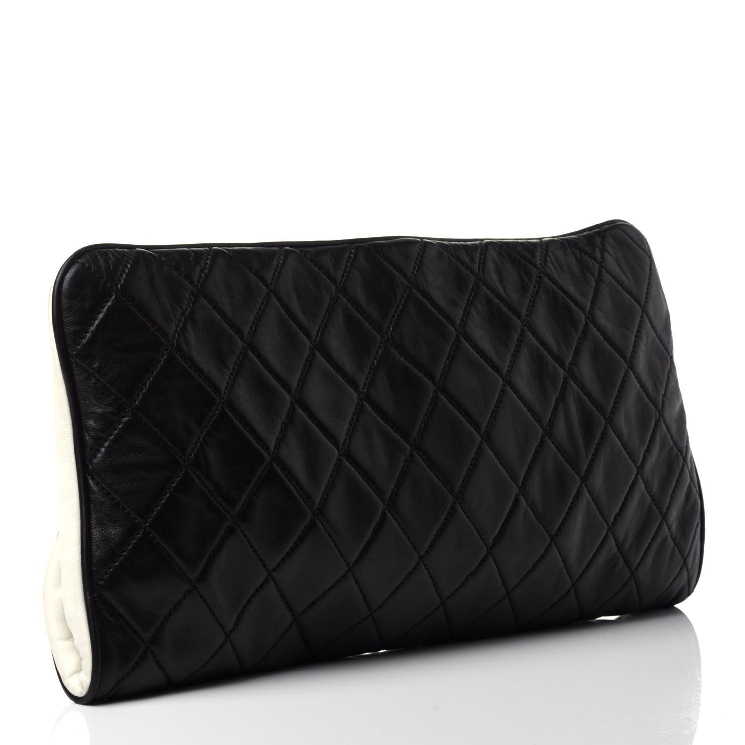Chanel Lambskin Quilted Pearl Kiss Lock Clutch Black White 2 of 4