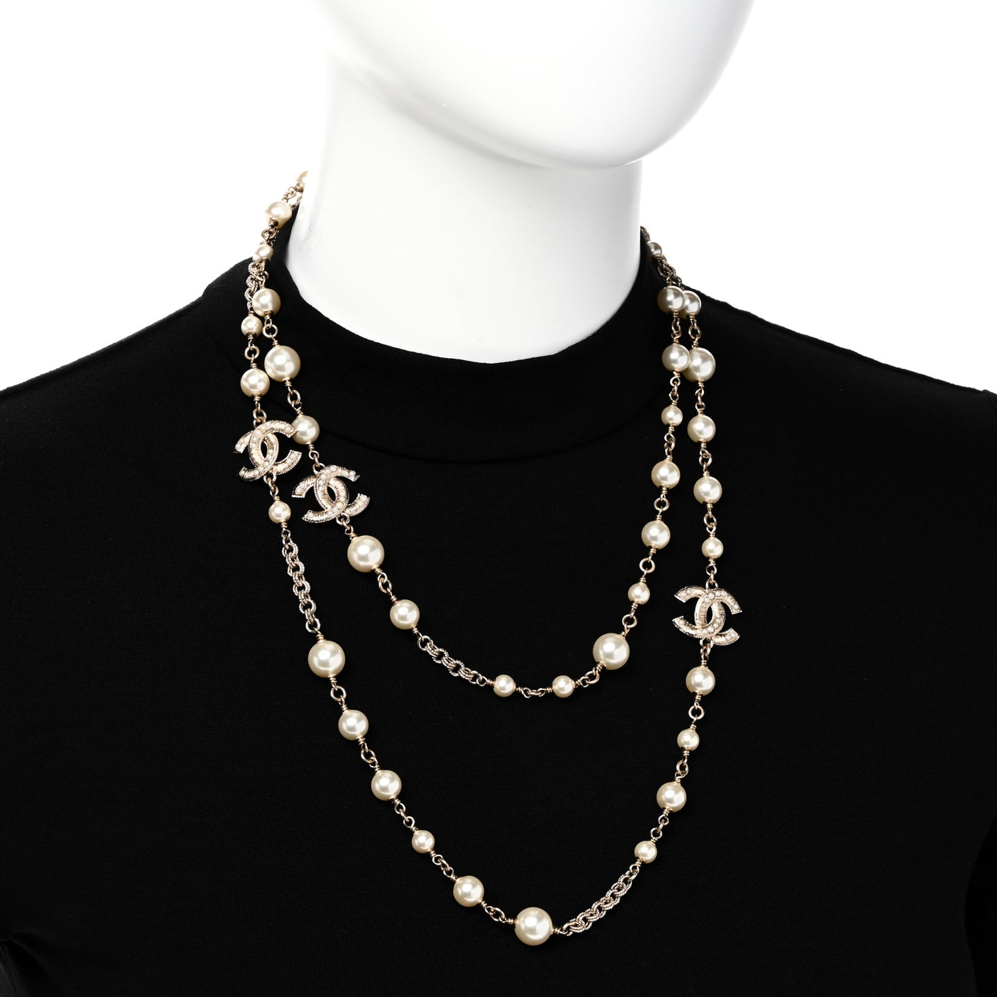 Graduated Pearl Crystal Twisted CC Long Necklace Gold