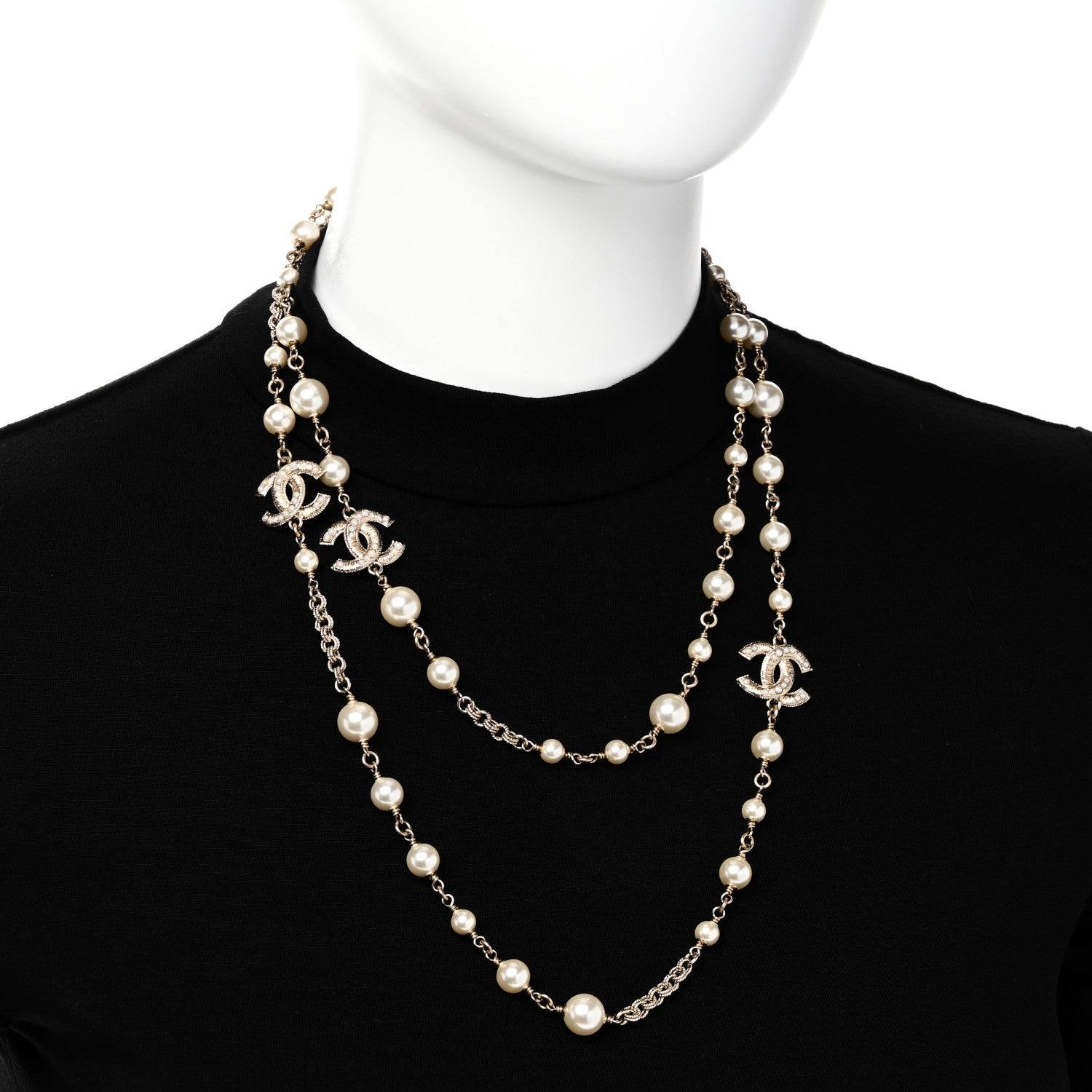 Chanel Graduated Pearl Crystal Twisted CC Long Necklace Gold 2 of 6