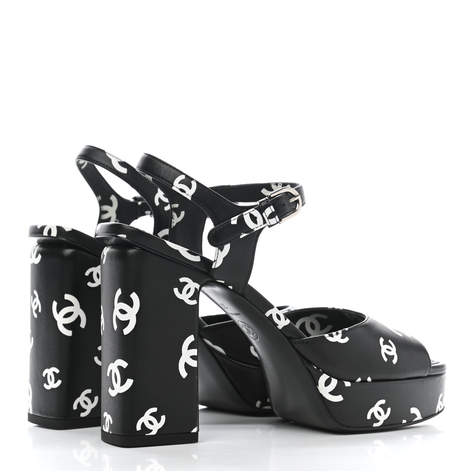 Chanel Printed Lambskin Coco Beach Platform Sandals 37 Black White 4 of 9