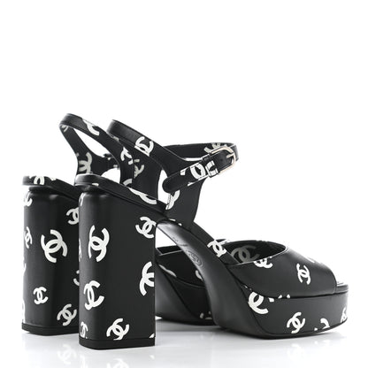 Chanel Printed Lambskin Coco Beach Platform Sandals 37 Black White 4 of 9