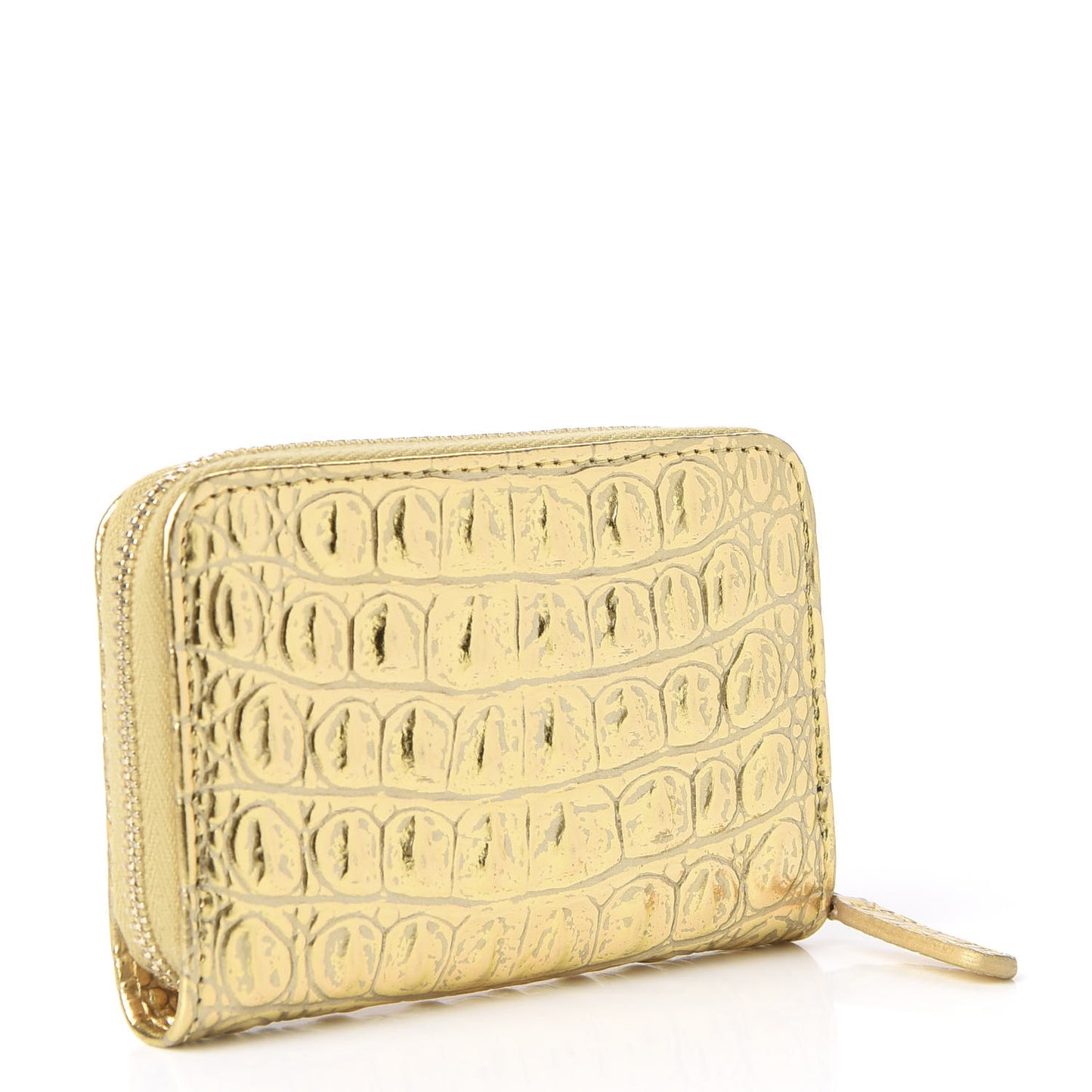 Metallic Calfskin Crocodile Embossed Cocodile Zip Coin Case Gold