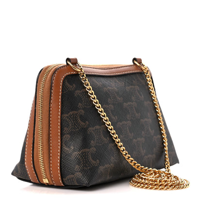 Celine Lambskin Triomphe Canvas Embroidered Logo Clutch With Chain Tan 3 of 10