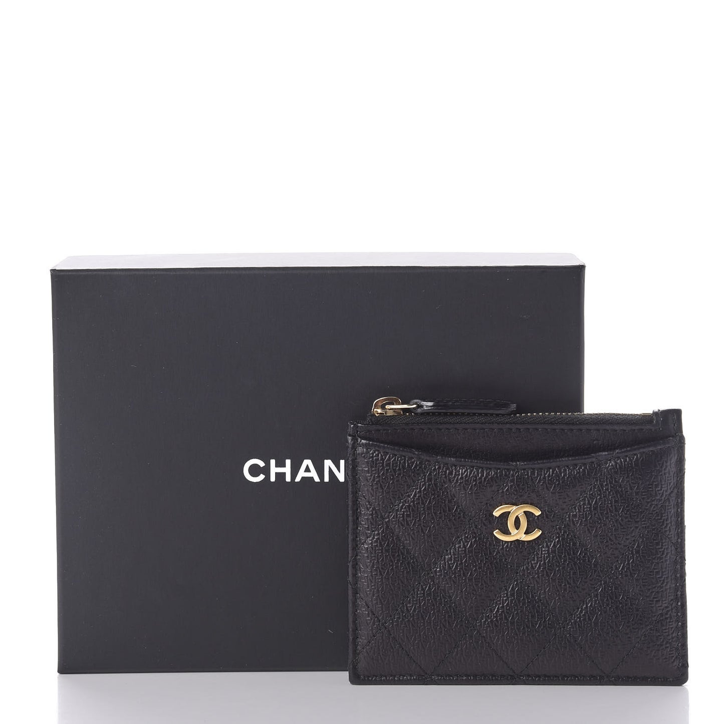 Letter Calfskin Embossed Quilted CC Zip Card Holder Black