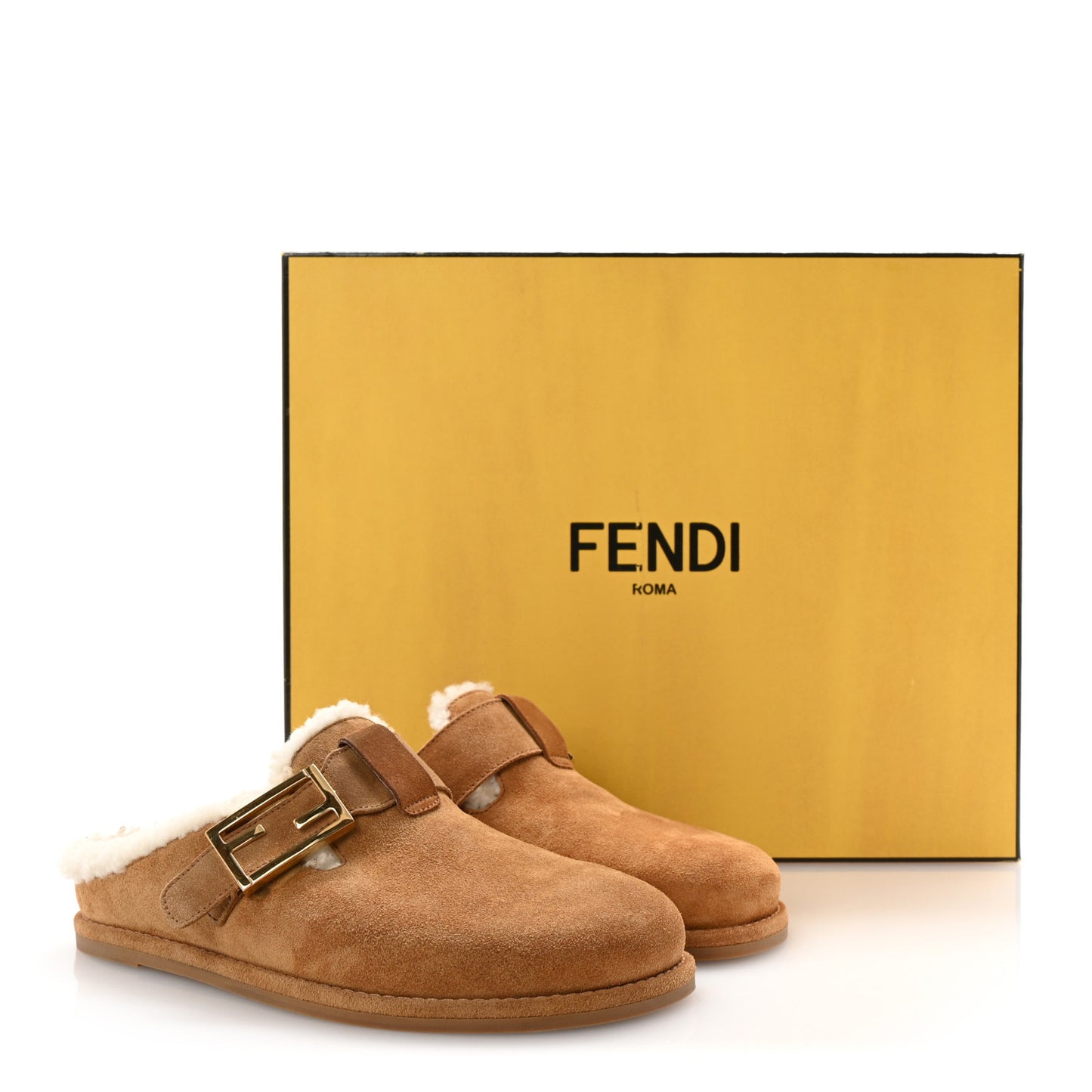 Suede Shearling Fendi Feel Buckled Clogs 36.5 Caramel Latte