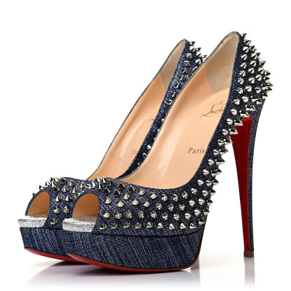 Christian Louboutin Denim Lame Lady Peep Spikes 150 Pumps 40 Blue 3 of 7