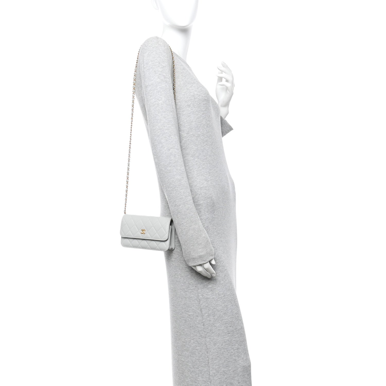 Chanel Lambskin Pearl Crush Quilted Flap Phone Holder With Chain Light Grey 2 of 12