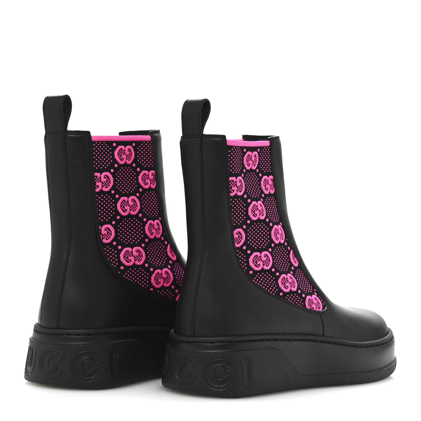 Dali Soft Calfskin Technical Jersey Knit GG Monogram Ankle Boots 39 Black Fuchsia