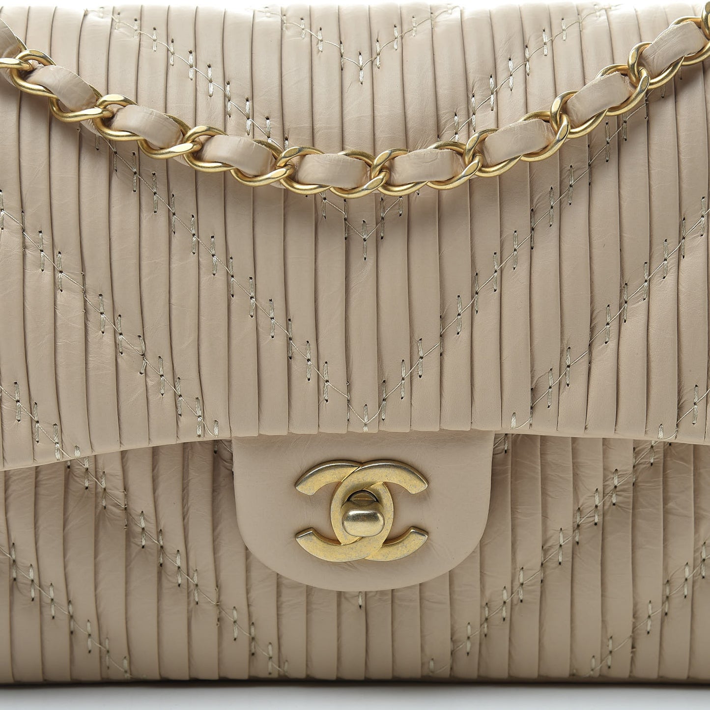 Calfskin Coco Pleats Medium Double Flap Beige