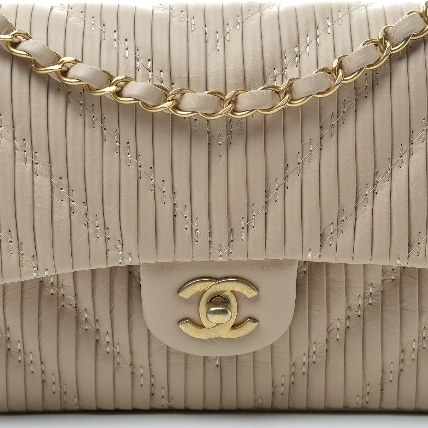 Chanel Calfskin Coco Pleats Medium Double Flap Beige 8 of 13