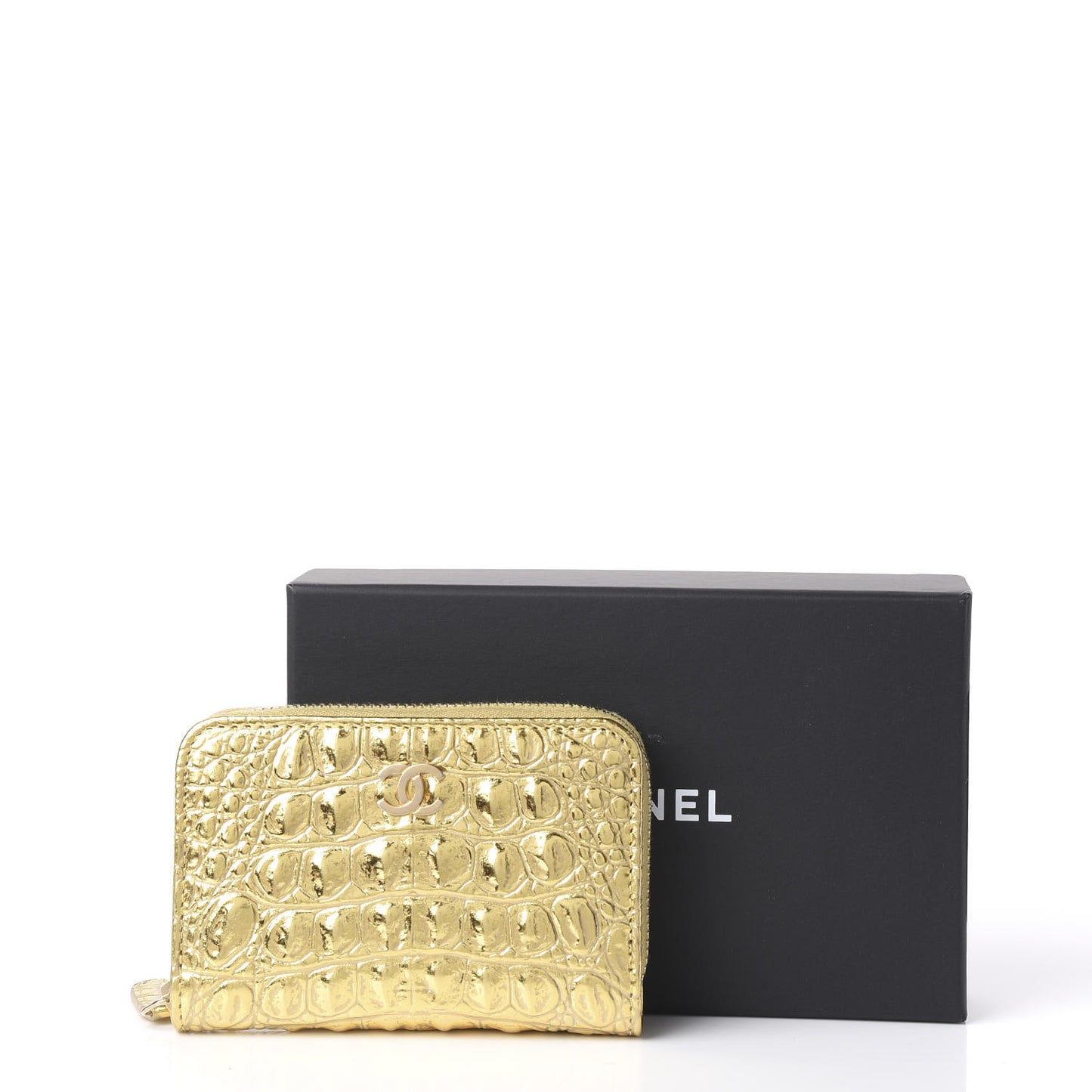 Metallic Calfskin Crocodile Embossed Cocodile Zip Coin Case Gold