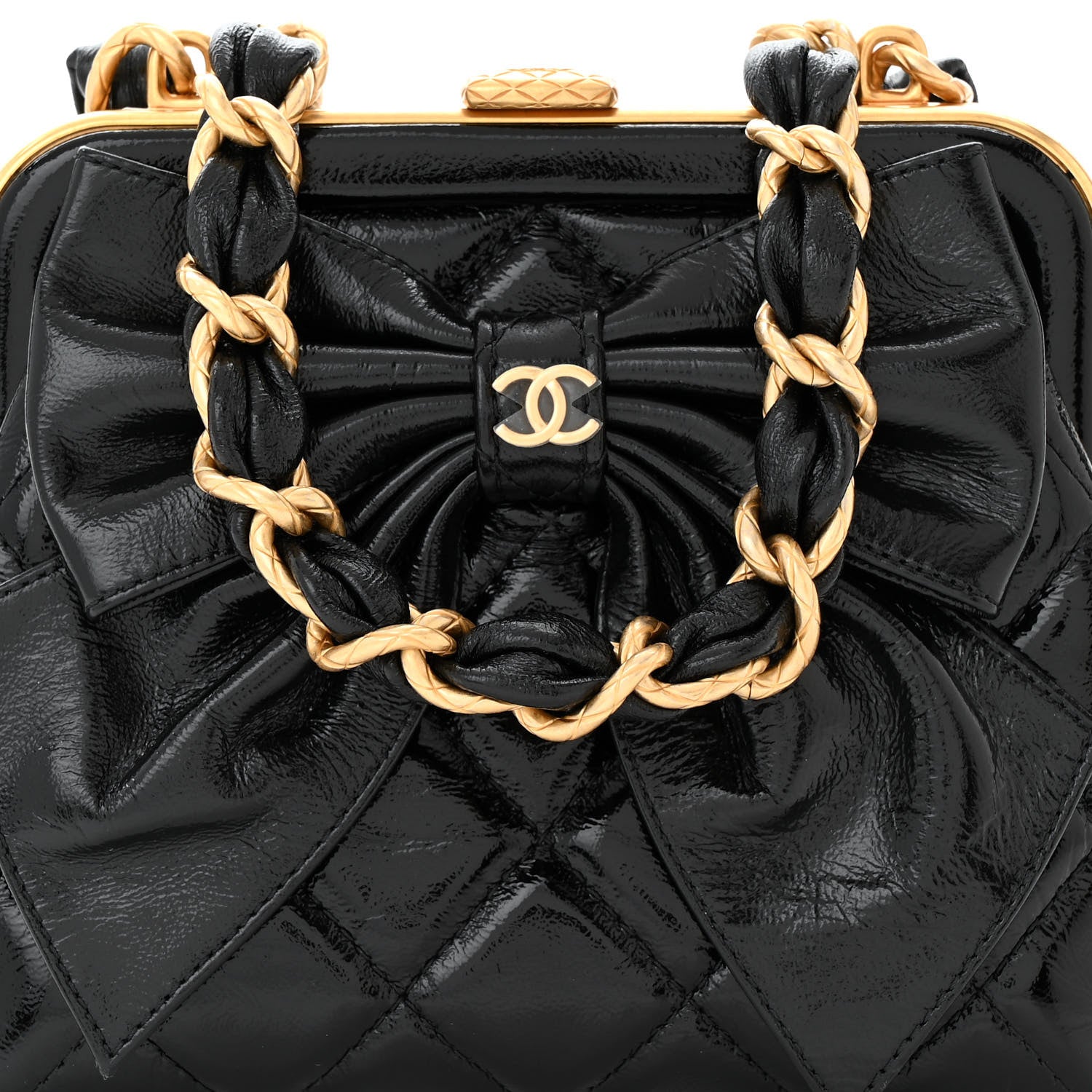 Chanel Patent Crumpled Lambskin Quilted Maxi Bow Clutch With Chain