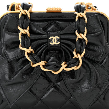 Chanel Patent Crumpled Lambskin Quilted Maxi Bow Clutch With Chain Black 8 of 11