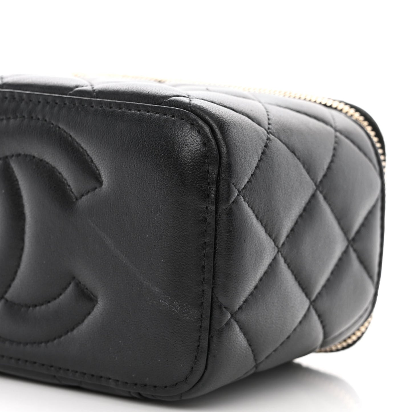 Lambskin Quilted Metal Small Top Handle Vanity Case With Chain Black