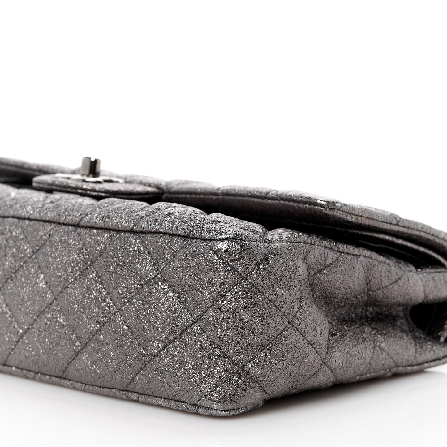 Metallic Crackled Calfskin Medium Double Flap Dark Silver