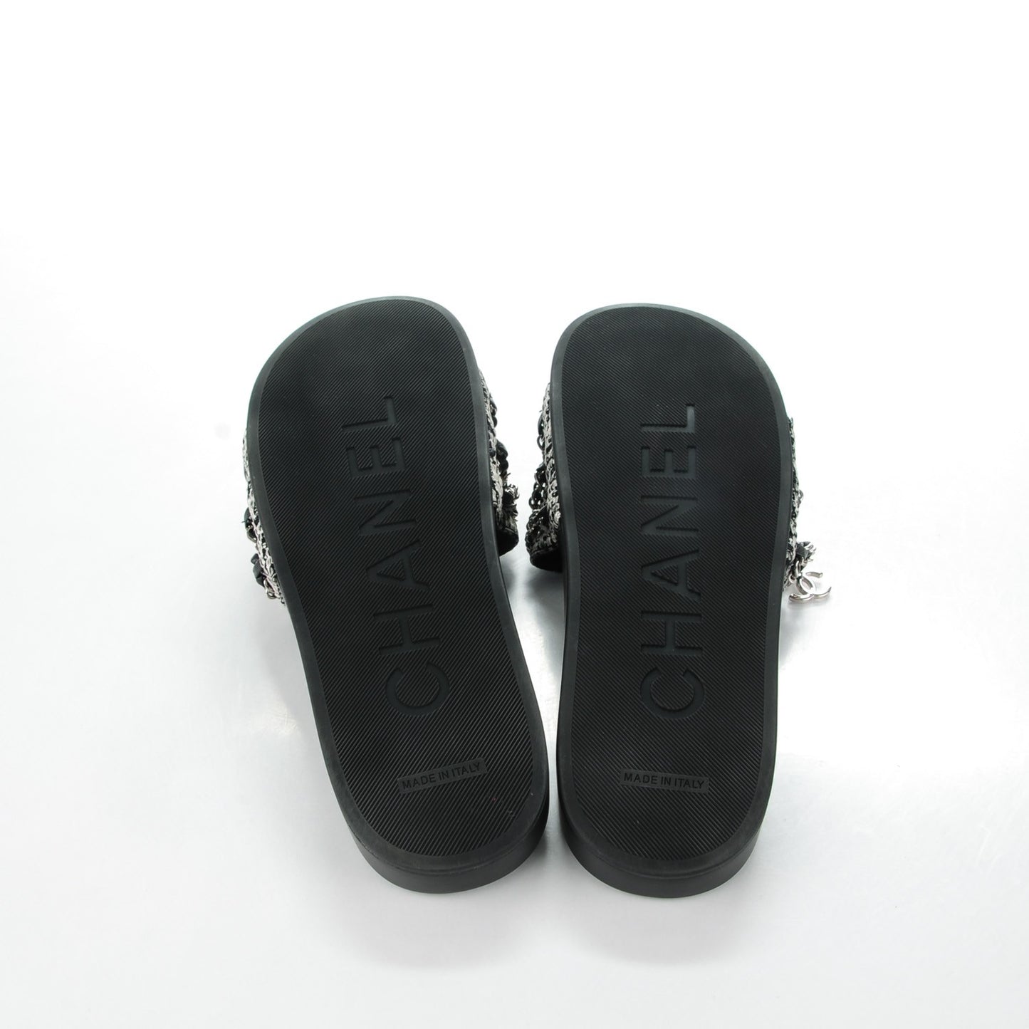 Tweed Lambskin Chain Flat Sandals 41 Black White