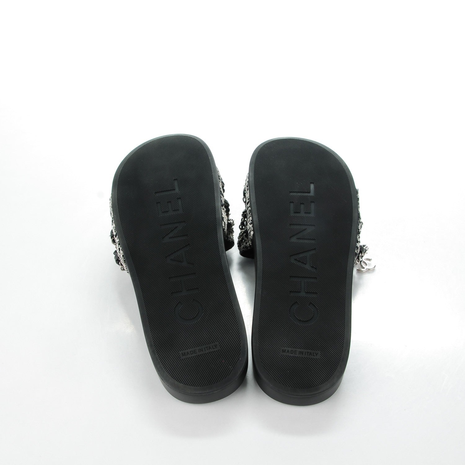 Chanel Tweed Lambskin Chain Flat Sandals 41 Black White 5 of 8