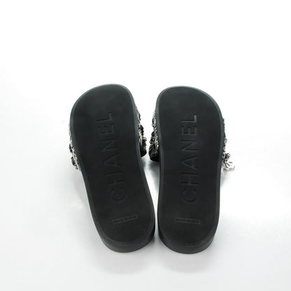 Chanel Tweed Lambskin Chain Flat Sandals 41 Black White 5 of 8