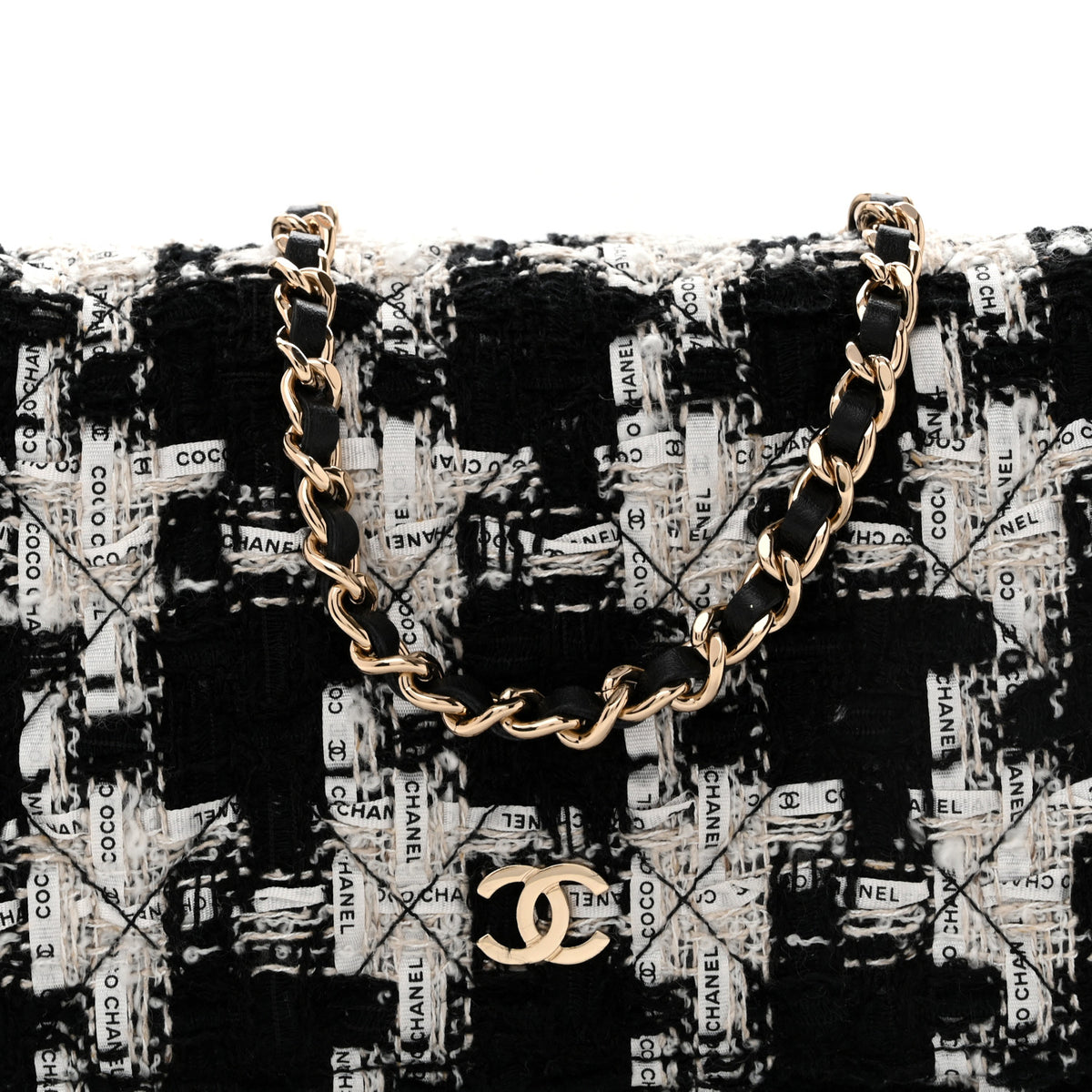 Tweed Quilted Wallet On Chain WOC Black Ecru White