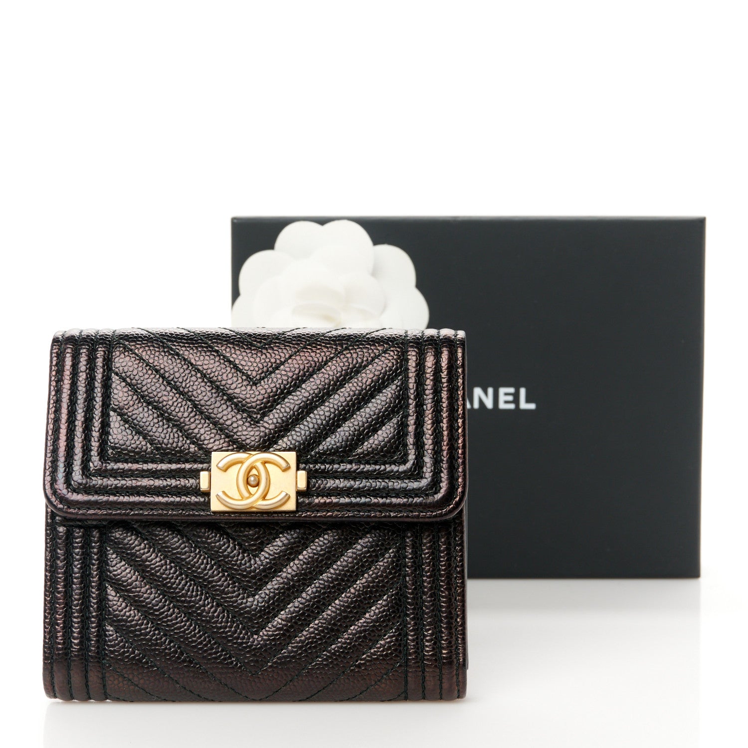 Chanel Caviar Chevron Quilted Boy Compact Wallet Black 10 of 10