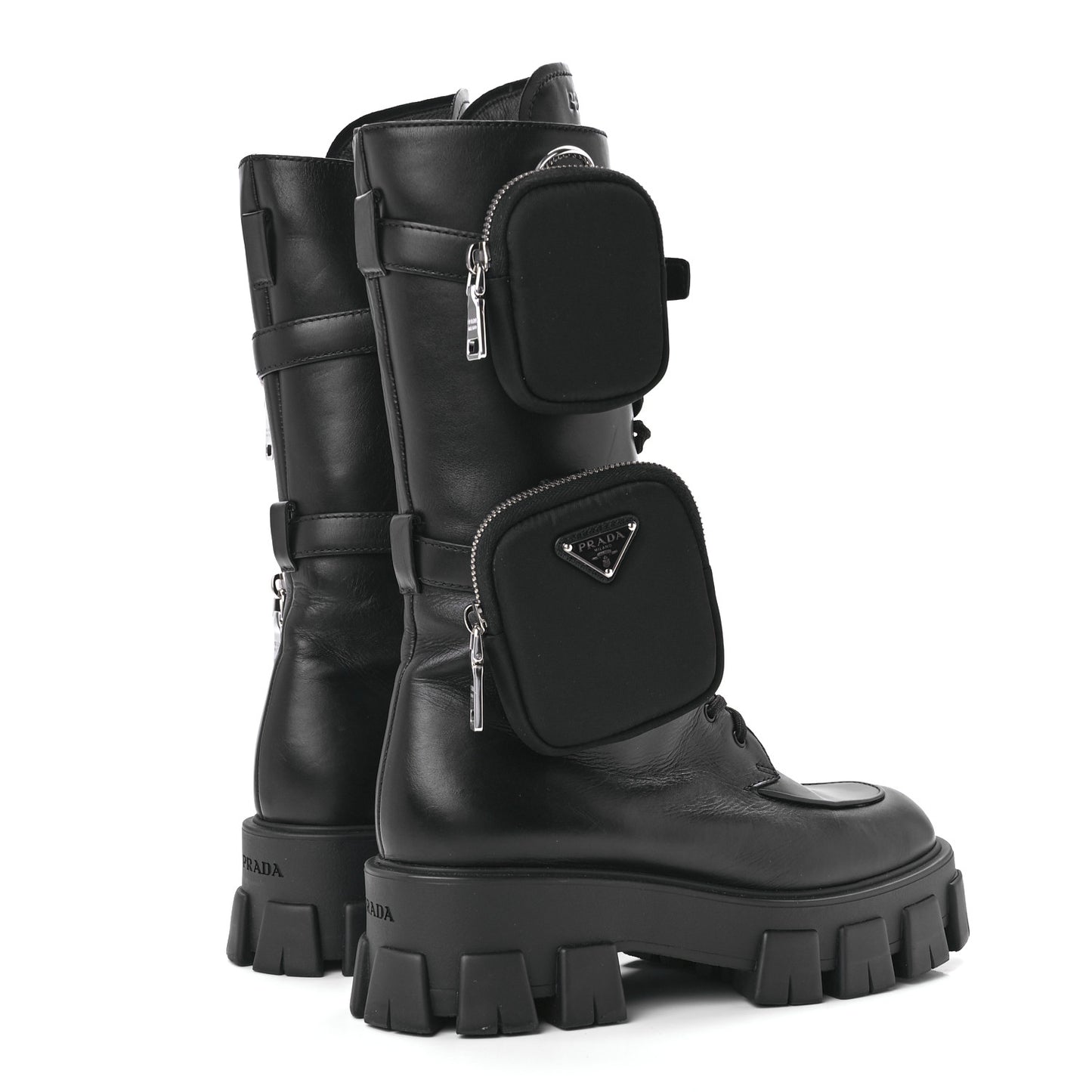 Vitello Lux Nylon Metal Triangle Logo Monolith Pouch Pocket 55mm Tall Combat Boots 40 Black