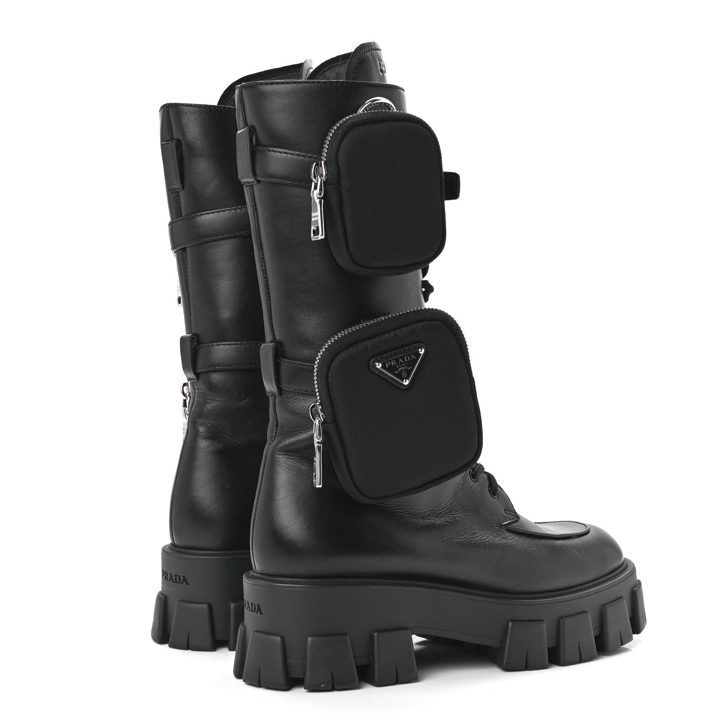 Prada Vitello Lux Nylon Metal Triangle Logo Monolith Pouch Pocket 55mm Tall Combat Boots 40 Black 4 of 10