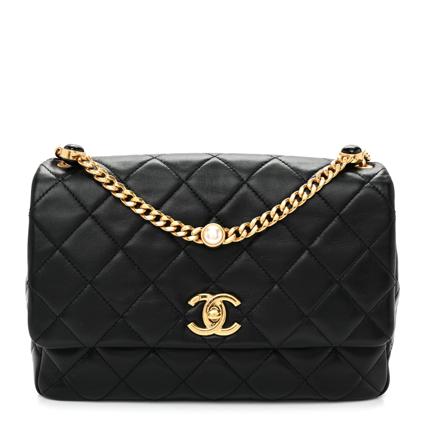 Lambskin Resin Pearl Quilted Flap Black