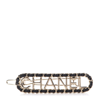 Chanel Metal Lambskin Vintage Allure Logo Hair Clip Black Gold 1 of 4