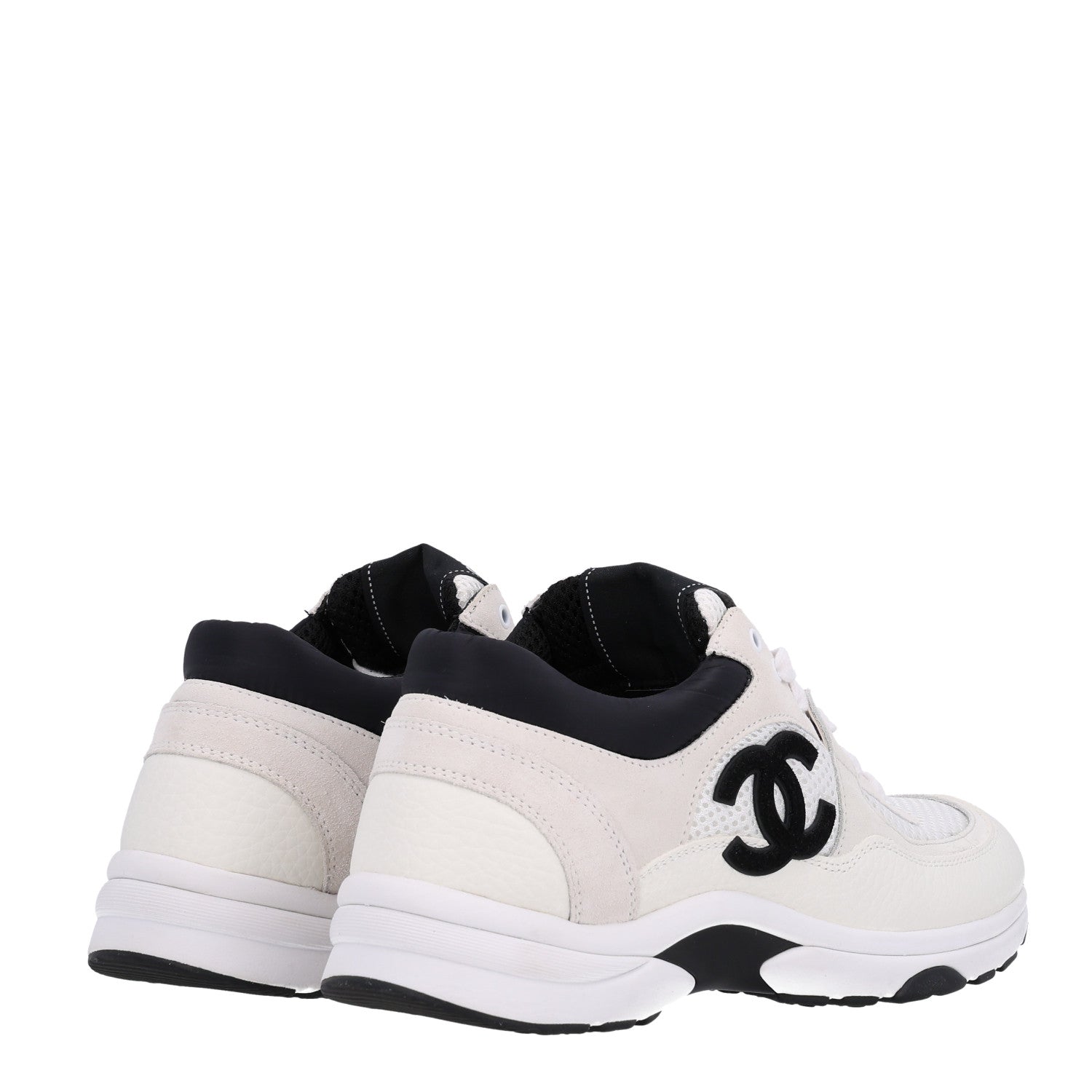 Chanel Mesh Suede Calfskin Grained Calfskin Womens CC Sneakers 38 White Black 5 of 10