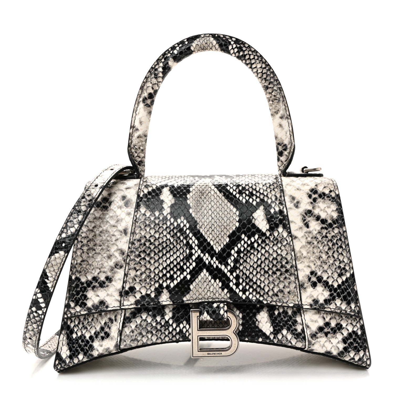 Balenciaga Calfskin Snake Effect Small Hourglass Top Handle Bag Black White 1 of 8